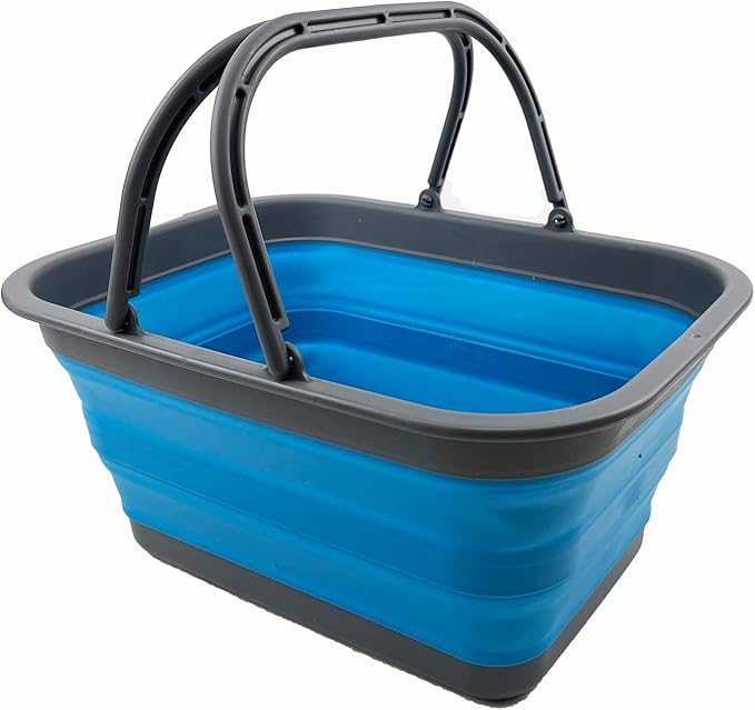 SAMMART 12L (3.17Gallon) Collapsible Tub with Handle - Portable Outdoor Picnic Basket/Crate - Foldable Shopping Bag - Space Saving Storage Container (Grey/Cerulean)