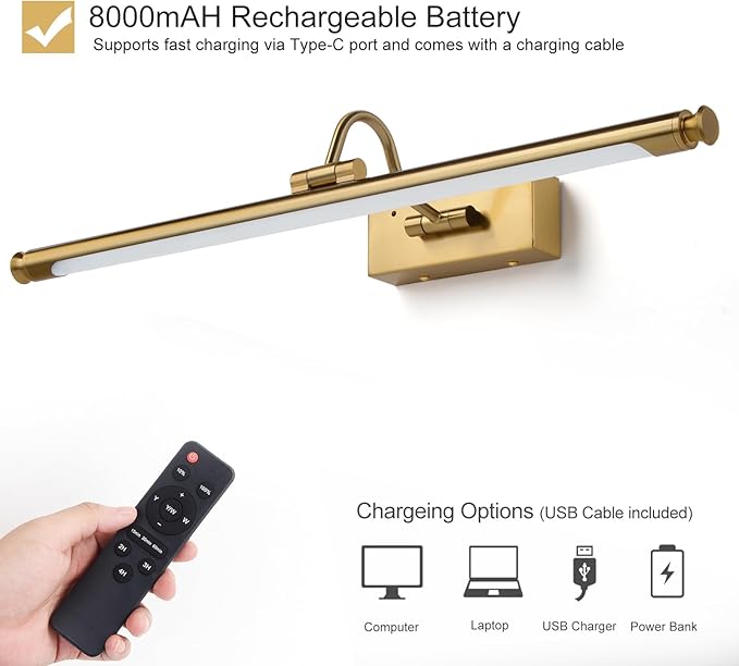 Wireless Picture Light, 23.6" Rechargeable LED Art Lamp with Remote, Dimmable Brightness, Timer & Adjustable Arm for Paintings, Mirrors, and Frames