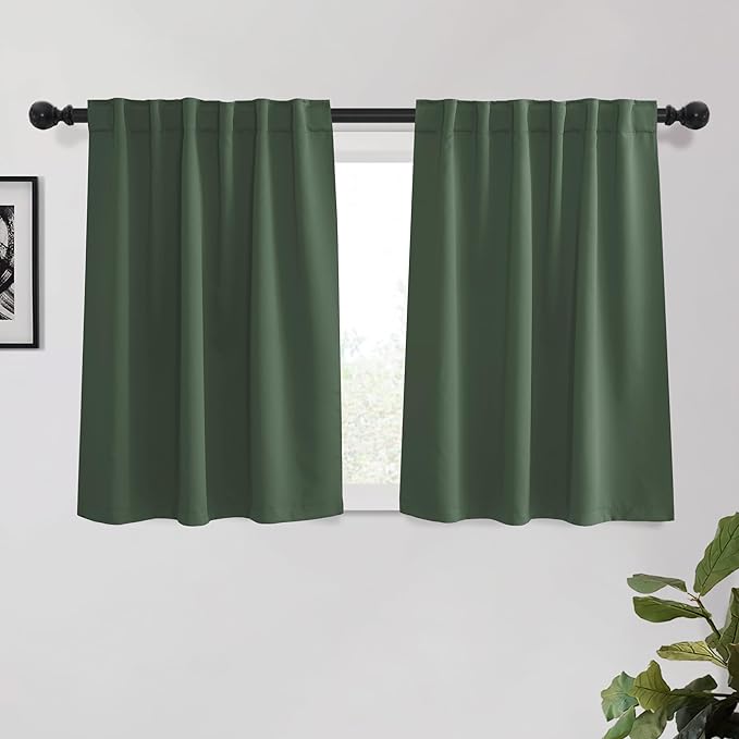 KGORGE Short Curtains 45 inch Length, Privacy Thermal Insulated Curtains Noise Reducing Window Drapes for Bedroom Kitchen, Back Tab Rod Pocket, W52 x L45 inches, Dark Green, 2 Panels