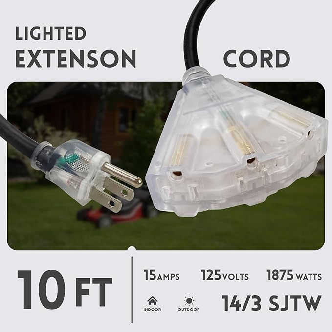 EP 10 Ft Lighted Outdoor Extension Cord with 3 Electrical Power Outlets - 14/3 SJTW Heavy Duty Black Extension Cable with 3 Prong Grounded Plug - Power Cord for Lawn, Garden, Appliances