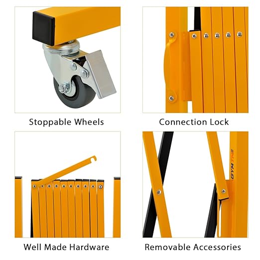 GYMTIME Industrial Expandable Metal Barricade, 11 FT, 47 inch high, Yellow and Black, Upgraded, Portable Safety Barrier with Casters, Flexible Fence Mobile Barrier Gate, Adjustable Traffic Fence