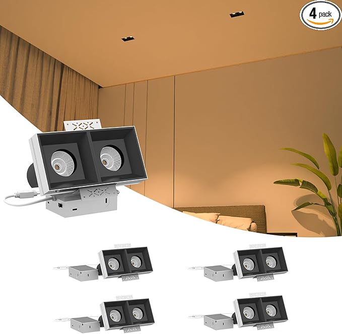 LED Square Recessed Lighting 4 Pack, 24W Aluminum Trimless Downlight, Adjustable Ceiling Light with junction Box, 5 CCT 2700K-6000K, TRIAC Dimming Rotation Spotlight for Living Room Bedroom Hallway