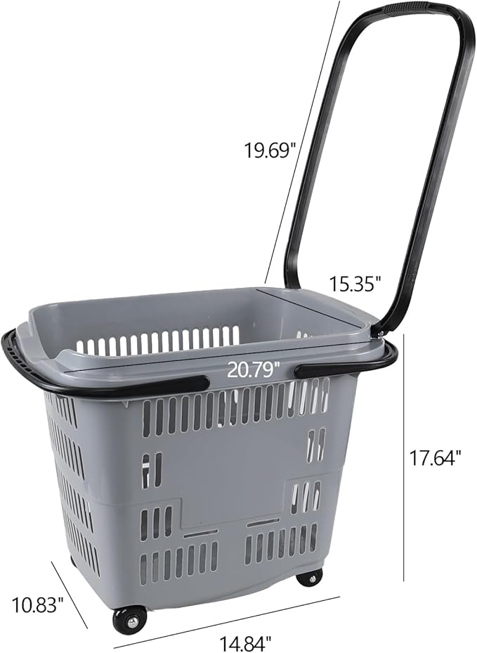 Ramddy 6-Pack 50 L Plastic Shopping Basket with Wheels and Handle, Grocery Shopping Basket, Grey