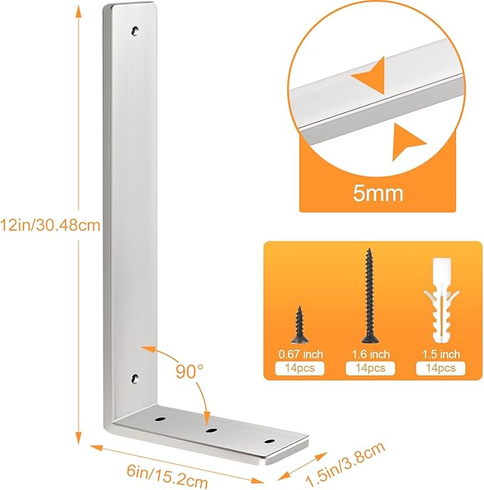 Floating Shelf Bracket Stainless Steel 12 Inch, 8 Pack Heavy Duty Shelf Brackets, Wall Shelf Bracket for DIY Decorative with Mounting Hardware