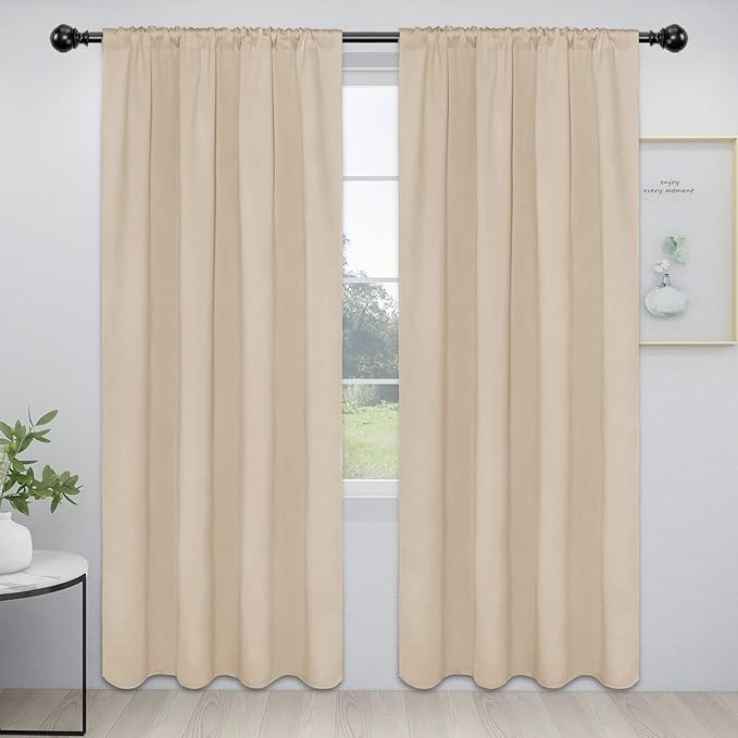 Easy-Going Rod Pocket Blackout Curtains for Bedroom, Room Darkening Window Curtains for Living Room, Thermal Insulated Noise Reduction Solid Window Drapes, 2 Panels(52x84 in, Beige)