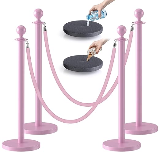 kaiyomi 4Pcs Stanchions with Pink Velvet Ropes Set, 5 Feet Velvet Ropes and Posts Poles for Red Carpet Party Decoration and 360° Photo Booth (Pink)