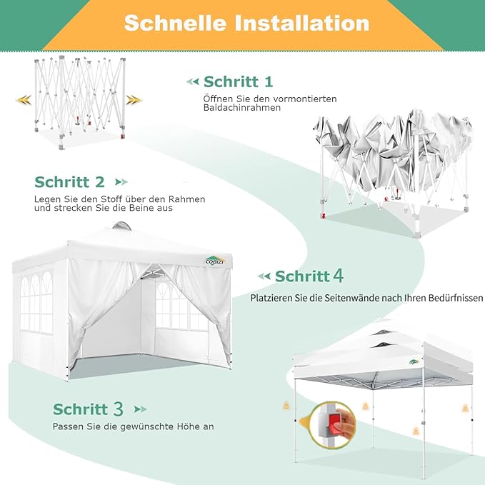 COBIZI 3x3 Outdoor Gazebo, Heavy Duty, Foldable, Waterproof, UV Protection 50+, Adjustable Height, for Garden, Parties, Market, Camping (White)