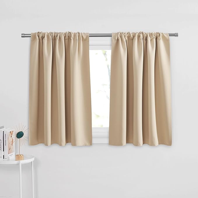 PONY DANCE Short Length Curtains for Kitchen, Solid Half Window Curtain Tiers for Bathroom Energy Saving Privacy Shade for RV Camper, Wide 29 x Long 36 inches per Panel, Biscotti Beige, Set of 2