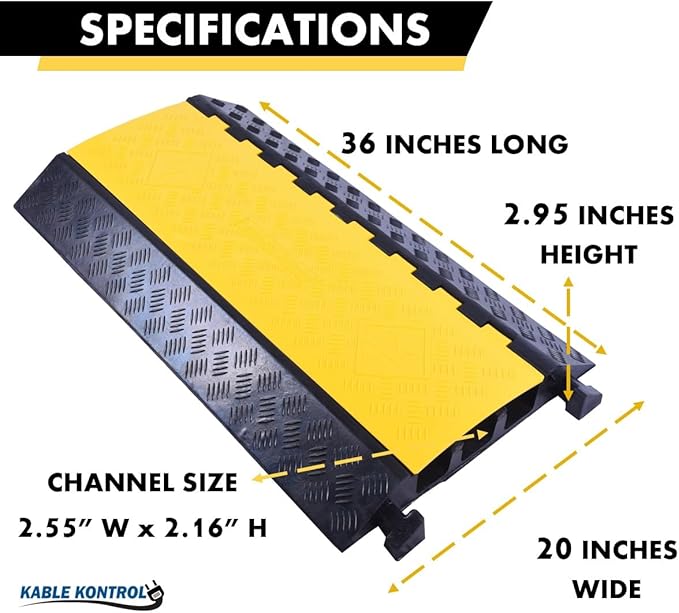 Kable Kontrol Atlas Heavy Duty Cable Protector Ramp - 3 Channel Bulk Wholesale Pallet - 10 Pcs - 36” Long Black & Yellow – 44000 Lbs Capacity - Rubber Speed Bump Wire Protector Cord Cover – CP9986