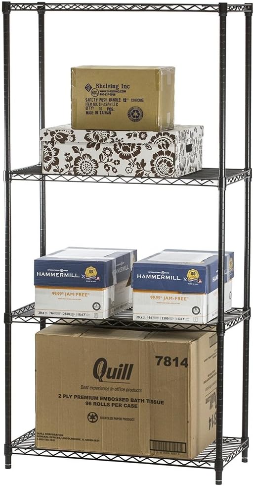 Shelving Inc. 8" d x 30" w x 54" h Black Wire Shelving with 4 Tier Shelves, Weight Capacity 300lbs Per Shelf