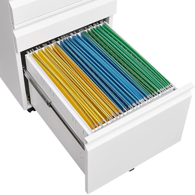 Lispin 3-Drawer Mobile Filing Cabinet with Lock, Office Storage Filing Cabinet of Legal/Letter Size, to be Installation Required (White + Metal + Modern)