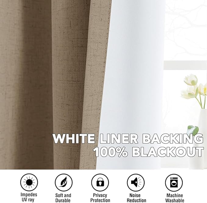 H.VERSAILTEX Linen Curtains 100% Blackout Curtains for Bedroom 45 inch Long Full Light Blocking Nature Linen Blended Window Curtains for Living Room Nickel Grommet (2 Panels, Heathered Macchiato)