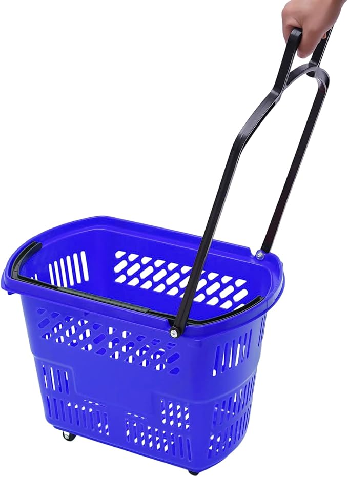 6PCS Shopping Carts with Wheels, 35L Portable Shopping Baskets Set with Handles Grocery Basket for Retail Store, Supermarket, Grocery |19" x 13.7" x 14" (Blue)