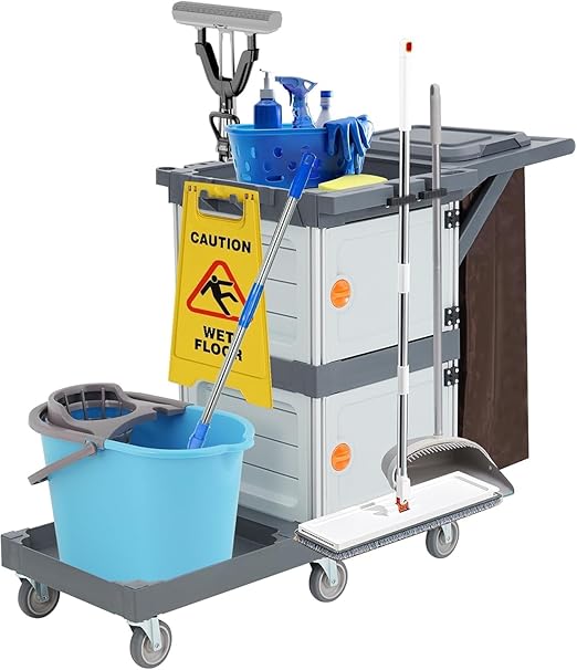 GarveeHome Commercial Janitorial Cart with 2 Cabinet, Traditional 3-Shelf Cleaning Cart On Wheels with Cover and Vinyl Bag, for Housekeeping Hotels Apartment