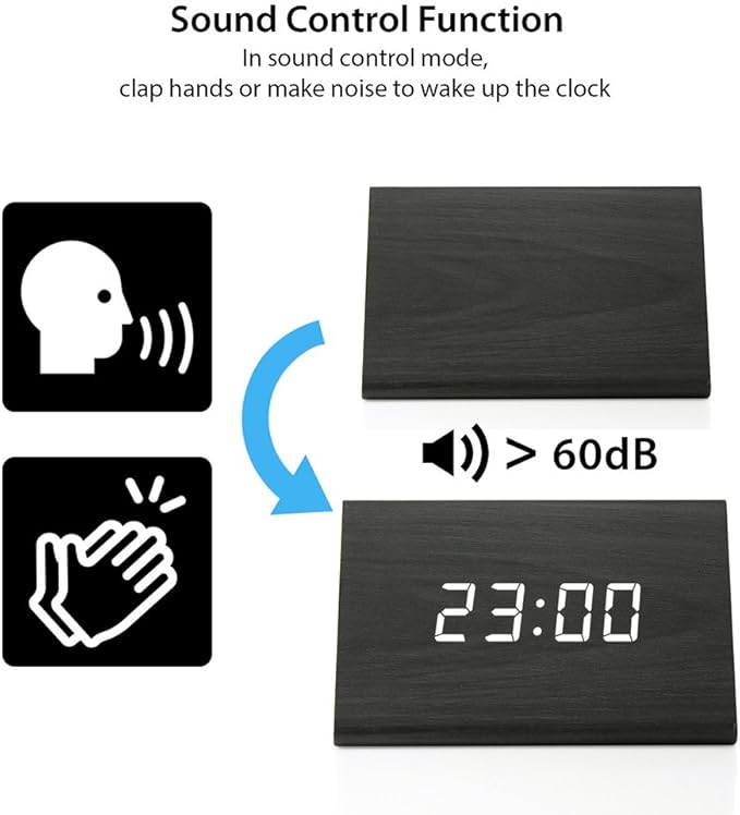 GEARONIC Digital Alarm Clock Wooden Alarm Clock Wood Modern Triangle Alarm Digital Desk Clock, Displays Time Date Temperature Calendar Wood Made Electric Clocks for Bedroom, Bedside - Black