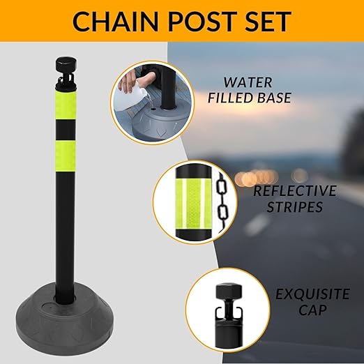 6 Pack 40 Inch Traffic Delineator Posts with Fillable Base and 6.6FT Plastic Chain, Safety Delineator Post Cones with 2 Green Reflective Stripes for Construction Work (Black)