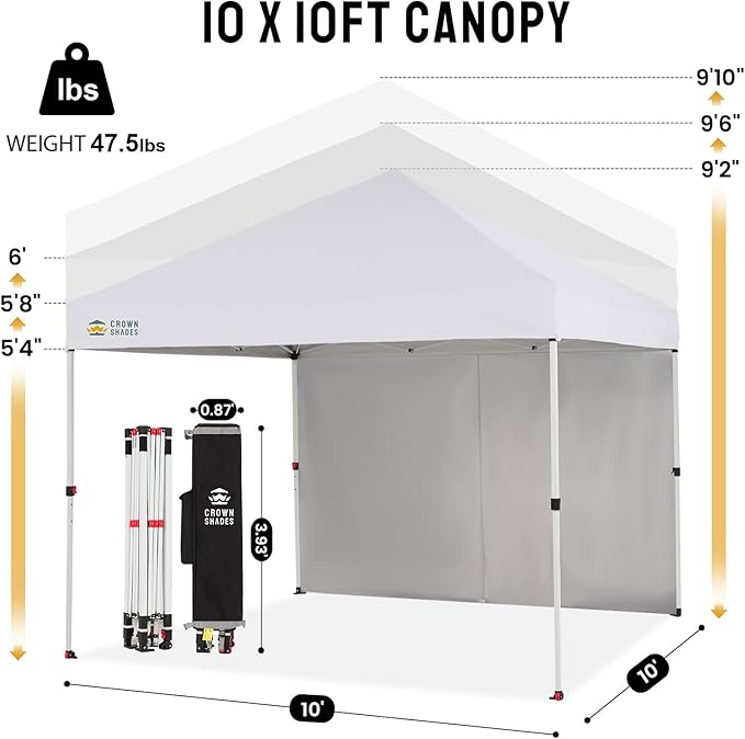 CROWN SHADES 10X10 Comercial Instant Canopy Pop Up Tent with Center Lock, 300D Fabric, 4 Sidewalls, Sto'N Go Bag, White