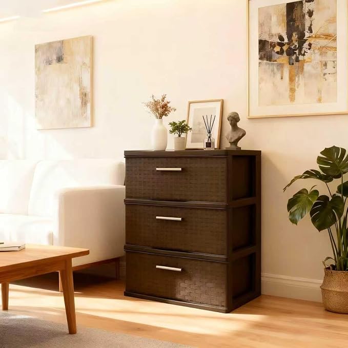 3 drawer wide woven storage cabinet, coffee colored