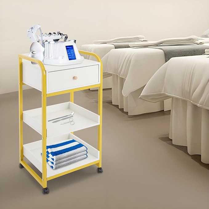 3-Tier Salon Trolley Cart w/Drawer & Shelves, Esthetician Carts w/Wheels Utility Storage for Barber Nail Spa Office, Gold, White