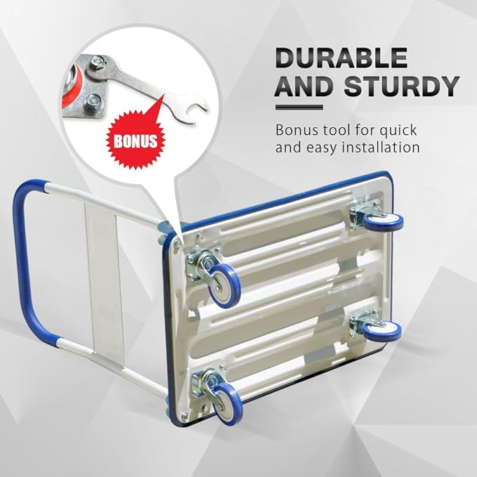 Push Cart Dolly by Wellmax, Moving Platform Hand Truck, Foldable for Easy Storage and 360 Degree Swivel Wheels with 660lb Weight Capacity, Blue Color
