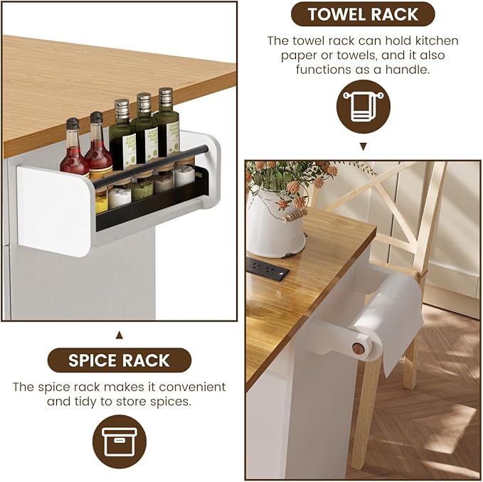 COCO DESIGN 60" Rolling Kitchen Cart with Power Strip & Drop Leaf, Thick Countertop, Large Storage Cabinet & Drawers, Mobile Island with Locking Wheels, Towel Rack and Spice Rack for Kitchen, White