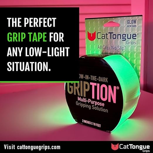 CATTONGUE GRIPS Non-Abrasive Grip Tape Wrap - 2” Thick Heavy-Duty, Waterproof Anti-Slip Tape for Wrapping Tools, Bats, Gym Equipment - Indoor & Outdoor Anti-Slip Solution (Glow in The Dark, 2-Pack)