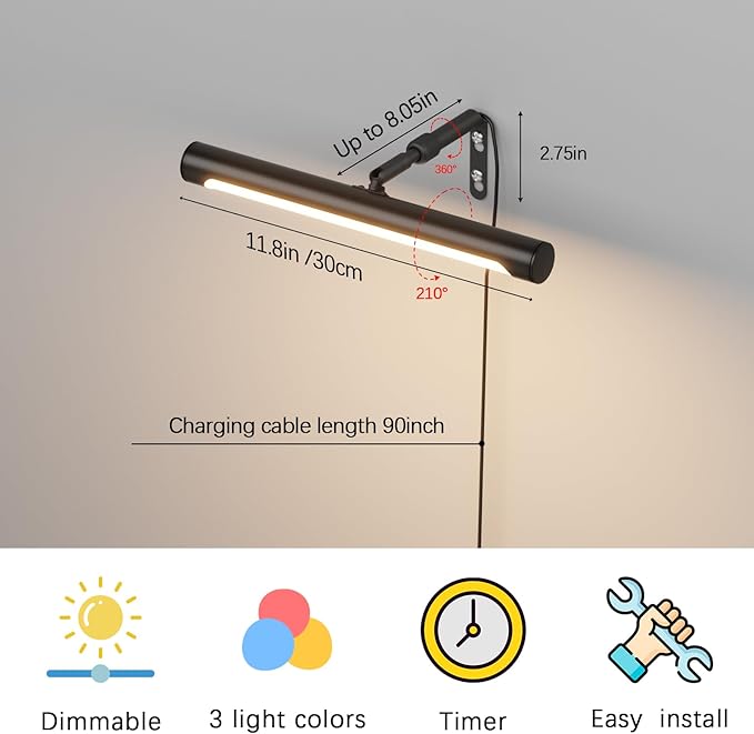 4W Picture Light Plug in, 12" Adjustable LED Art Light with Remote Control, Dimmable Wall Light for Picture Display Dartboard Art Work (Black)