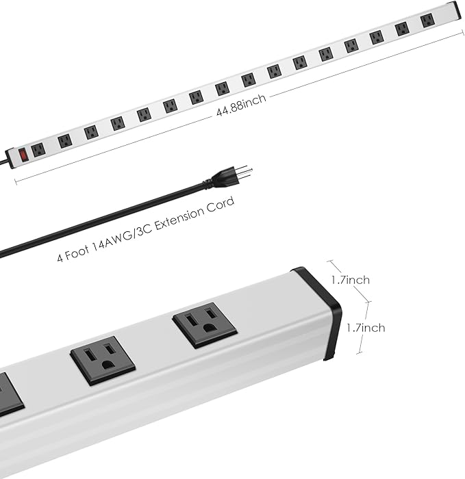 JUNNUJ Long Metal 16 Outlet Power Strip, Wide Spaced Garage Industrial Heavy Duty Power Strip with 4 FT Cord 15A, 125V, 1875W-Silver