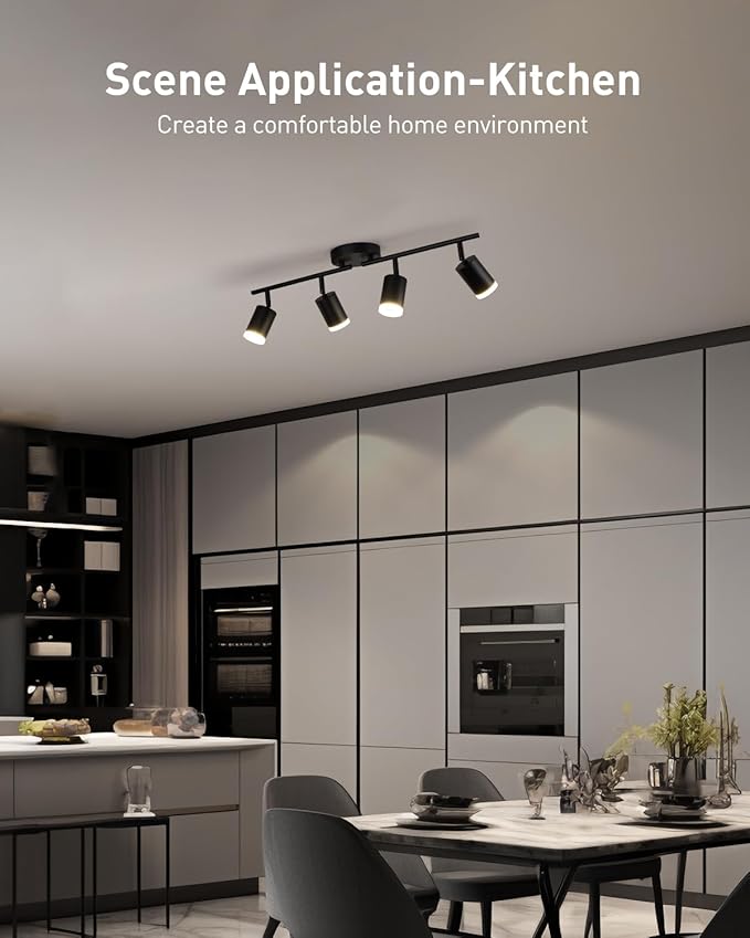 Bojim Flexible Led Track Lighting, 4-Light Black Track Lighting Fixtures Ceiling, Ceiling Spotlight with Foldable Light Arms for Kitchen, Closet, Bedroom(GU10 Socket, Bulbs Not Included)