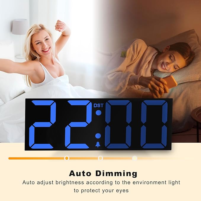 JALL 22'' Large Digital Wall Clock, Big LED Number Dispaly, DST, Night Light for Classroom, Living Room, Bedroom, Mounted, Birthday Xmas Gift for Senior, Mem Womem Mom Dad, Blue