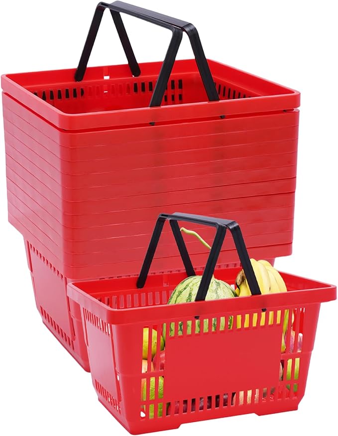 12PCS Red Plastic Shopping Baskets with Handles, Portable Retail Grocery Baskets with Handles, 21L Hand Shopping Baskets Set for Stores, Supermarket, Retail, Groceries Shopping Carrying