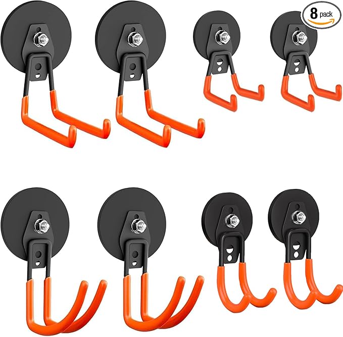 Strong Garage Magnetic Hooks Heavy Duty, 8 Pack Mixed Heavy Duty Storage Utility Magnet Hooks Medium and Large Metal Magnetic Hook with Anti-Slip Coating for Indoor & Outdoor Tool Storage