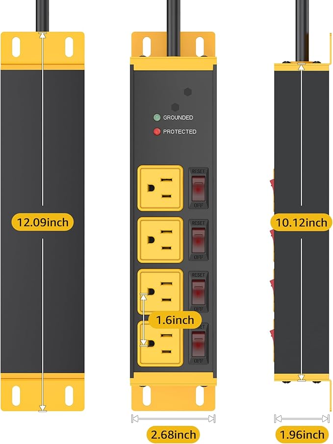 CCCEI CCCEI 2PCS Heavy Duty Power Strip Surge Protector 20 AMP Individual Switches. 15FT 12 Gauge Extension Cord with Multiple Outlets. Garage, Shop, Industrial Wall Mount Electric Extender, Yellow.