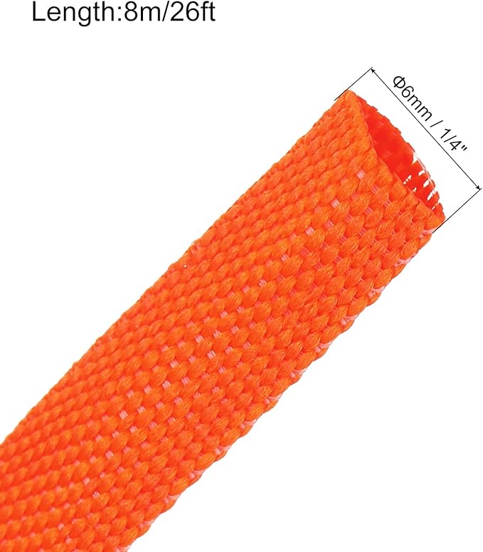 MECCANIXITY Braided Cable Sleeves Heat Shrinkable Fabric Sleeving, 1/4" 26ft Orange 2:1 Ratio Heat Shrinkable Cord Protector for Harness Cable, Network Cable Protection, Cable Management