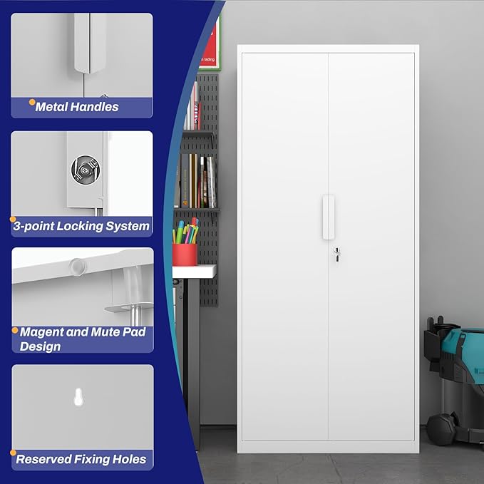 LUCYPAL Metal Garage Storage Cabinet with 2 Doors and 4 Adjustable Shelves - 70.8" Steel Locking Storage Cabinet,Garage Cabinets for Office,Home,Garage,Gym,School (White)