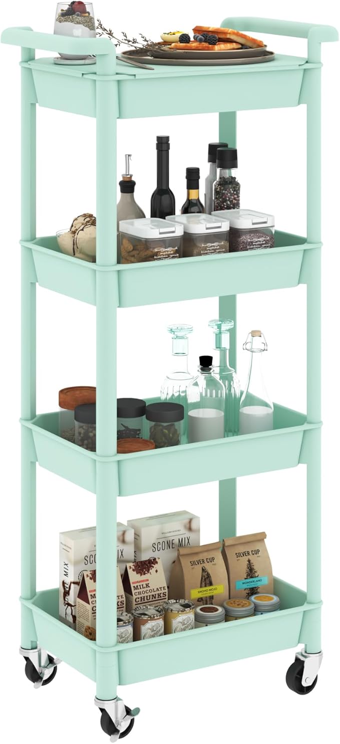 Utility cart with Tabletop 4 Tier Rolling Cart Organizer with Wheels Movable Storage Cart for Office, Living Room, Kitchen, Craft Room, Green