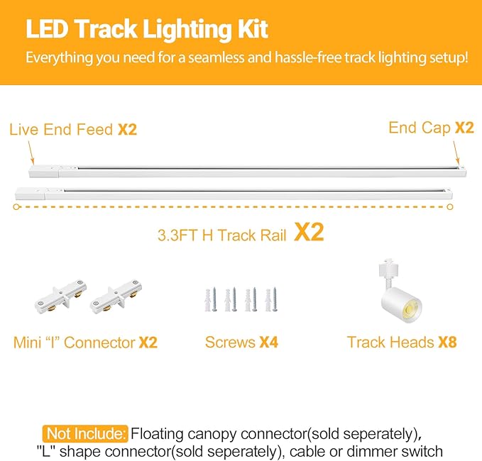 VANoopee 8-Light LED Track Lighting Kit with 6.6FT H Type Track Rails, Dimmable Track Light Heads Bright Ceiling Spotlight Fixture for Kitchen Accent Art, 3000K Warm White, No Flicker 10W 800lm White