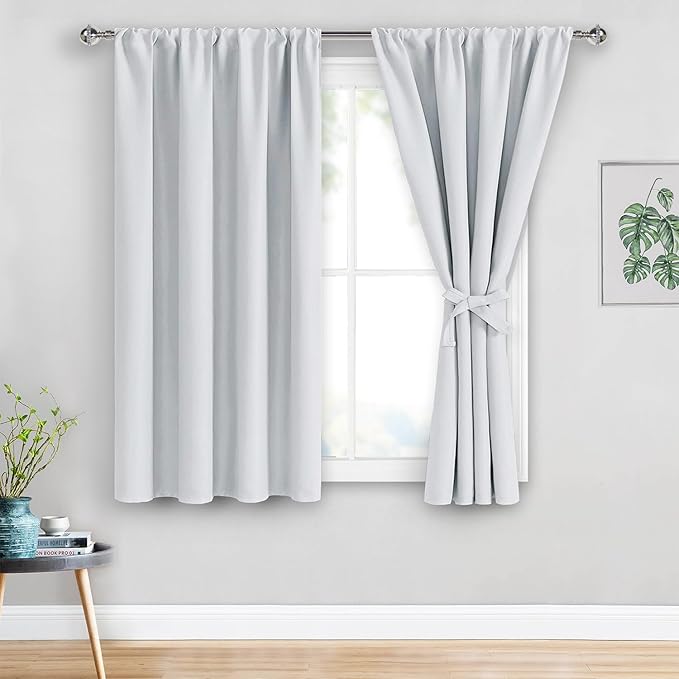 JIUZHEN Blackout Curtains for Bedroom - Thermal Insulated Noise Reducing Privacy Short Curtain for Living Room, Set of 2 Panels with Tiebacks, 42 x 54 inches Long, Greyish White