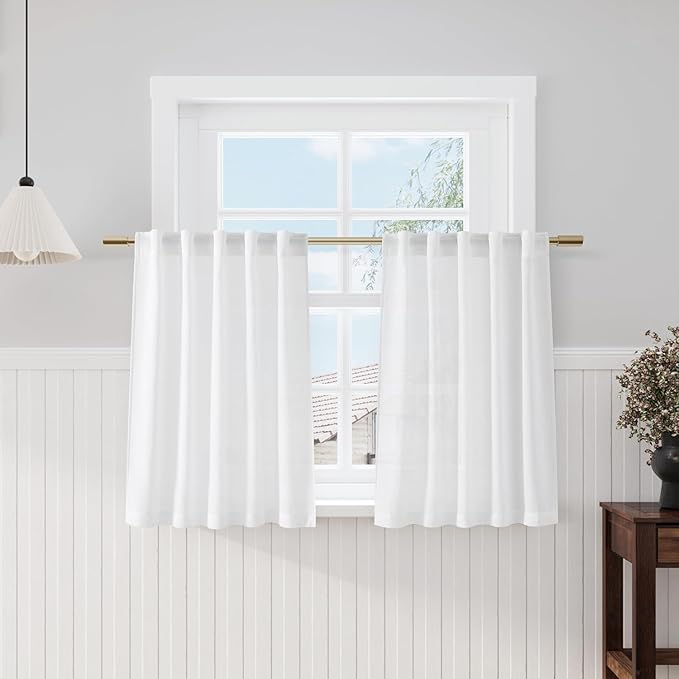 Nanspring Short Curtains for Kitchen Windows Over Sink White Linen Blend Semi Sheer Curtains Back Tab and Rod Pocket Modern Farmhouse Small Window Curtain for Cafe Bathroom 29 x 36,2 Panels
