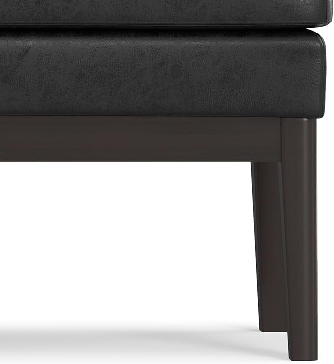 SIMPLIHOME Carlson Ottoman Bench - 45 inch Wide Upholstered Vegan Leather Rectangle Ottoman in Distressed Black, Mid Century Modern Bench for Bedroom, Entryway or Living Room with Padded Seat