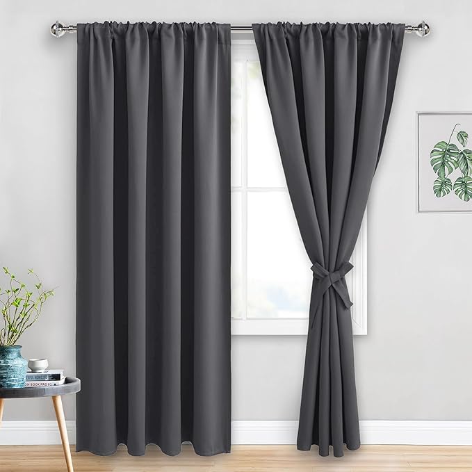 JIUZHEN Blackout Curtains for Bedroom - Thermal Insulated Room Darkening Noise Reducing, 52 x 84 Inch Length Curtains for Living Room, Set of 2 Panels with Tiebacks, Dark Grey