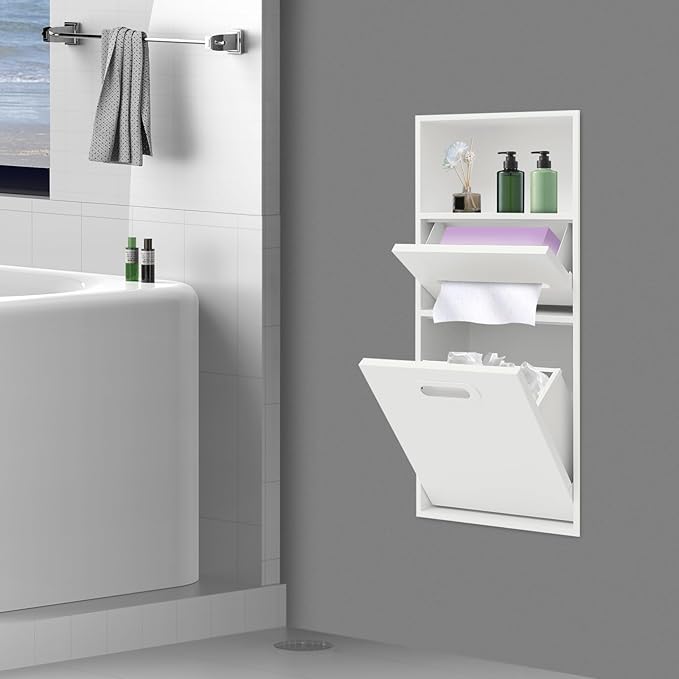 Stainless Steel Shower Niche with Trash Can Stainless Recessed Storage Cabinet White 26 * 11.8 No Tile Needed Wall Niche Recessed Toilet Paper Holder for Kitchen Living Room Bedroom Hotel
