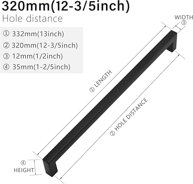 Cabinet Pulls Matte Black Cabinet Handles Square Drawer Pulls, 30 Pack 12-3/5 Inch Stainless Steel Kitchen Door Cupboard Cabinet Handles, Black Drawer Hardware Handles, 320mm Hole Centers