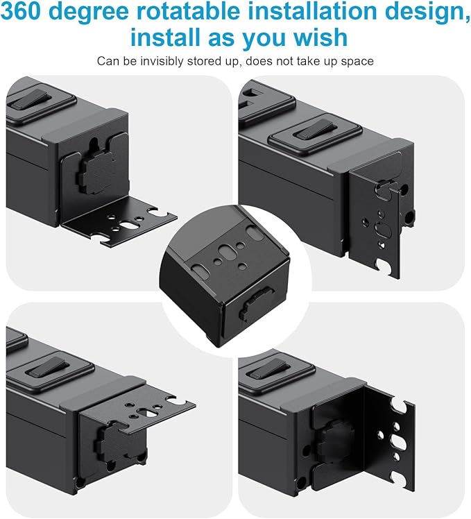 HHSOET 2 Pack Metal 360° Rotating Mountable Power Strip, 8 Outlet Gaming Table Mounted Outlet Strip, Heavy Duty Wall Mount Surge Protector with Switch, 15A 125V 1875W, 15ft Power Cord.(Black)