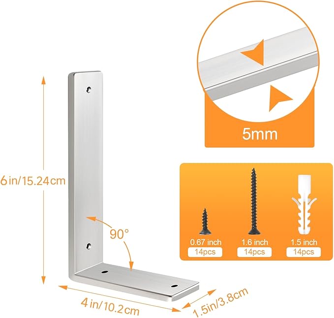 Floating Shelf Bracket Stainless Steel 6 Inch, 4 Pack Heavy Duty Shelf Brackets, Wall Shelf Bracket for DIY Decorative with Mounting Hardware