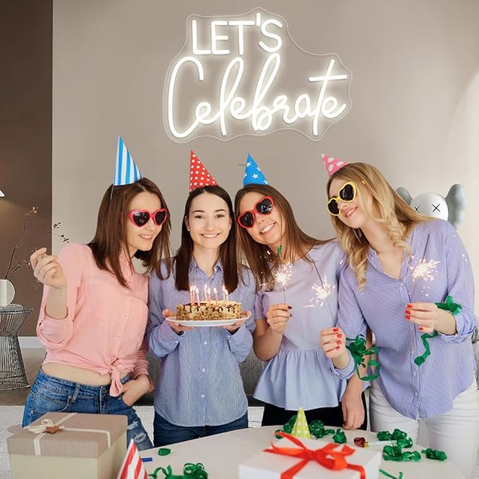 Let's Celebrate Neon Sign Warm White LED Neon Lights for Wall Decor USB-Powered Neon Signs for Living Rooms, Dining Rooms,Thanksgiving and Party Decorations(15"x10.6")
