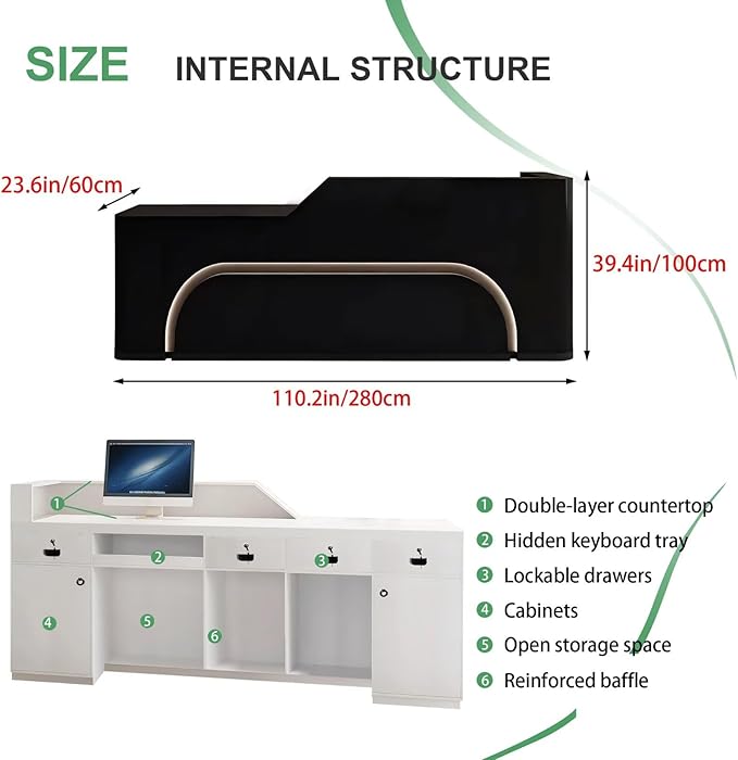 Modern Reception Desk with Counter Front Reception Table with Hidden LED Lighting Commercial Receptionist Desk Black Checkout Counter Fully Assembled and Ready to Use 110inch/280cm