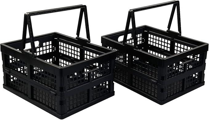 2 Pack Folding Plastic Crate, Collapsible Shopping Basket with Handles