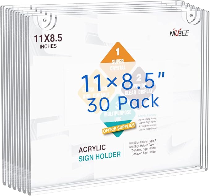 NIUBEE 30-Packs Acrylic Wall Sign Holder 8.5x11 Horizontal, Clear Plastic Picture Frames , Wall Mounted Design.