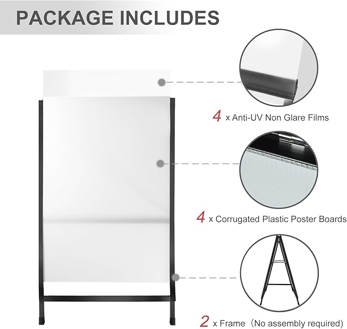 A Frame Sidewalk Sign 24x36 Inches Sandwich Board Signs Outdoor, Heavy Duty Double-Sided A Frame Sign Holder with 2 Anti-Glare Covers & Corrugated Plastic Boards, 2 Pack